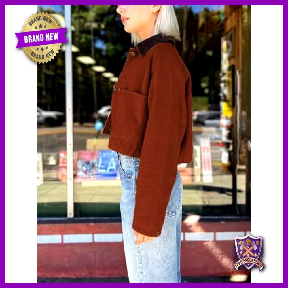 Cropped Barn Jacket Corduroy Collar Button Down Long Sleeve Vintage Y2K Chic - Picture 3 of 7